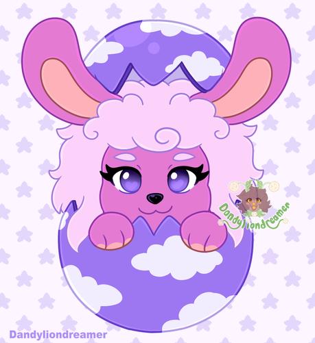 a bunny alpaca fursona emerging from a egg for easter!

the egg is purple with white clouds

the bunpaca is dark pink with light pink fluffy hair, her dark pink ears have light orangeish inner ears as well aslight orange paw pads, her eyes are purple