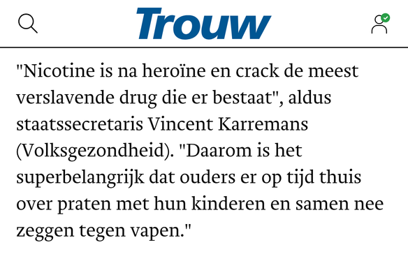 "Nicotine is na heroïne en crack de meest verslavende drug die er bestaat", aldus staatssecretaris Vincent Karremans (Volksgezondheid). "Daarom is het superbelangrijk dat ouders er op tijd thuis over praten met hun kinderen en samen nee zeggen tegen vapen."
