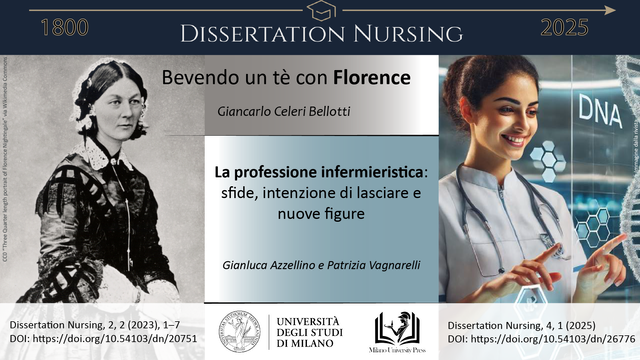 Giancarlo Celeri Bellotti, 2023. “Bevendo un tè con Florence” pubblicato in Dissertation Nursing. 2, 2 (ago. 2023), pag. 1–7 con DOI: https://doi.org/10.54103/dn/20751.

Gianluca Azzellino e Patrizia Vagnarelli, 2025. “La professione infermieristica: sfide, intenzione di lasciare e nuove figure” pubblicato in Dissertation Nursing. 4, 1 (2025) con DOI: https://doi.org/10.54103/dn/26776.
