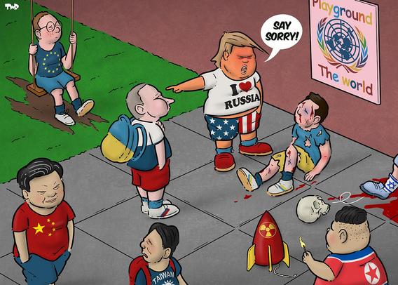 Cartoon showing a playground. A kid with a EU logo on his shirt is sitting alone on a swing, watching a beaten up kid lying on the ground in an Ukraine shirt. A kid looking like Putin is standing looking down on the beaten up kid, while a kid-Trump says to the Ukraine kid 'Say sorry!'. Meanwhile, a North Korea kid is playing with a nuclear bomb, an Israel kid is using a skull from Gaza as a football and China kid is threatening a kid in Taiwan shirt.