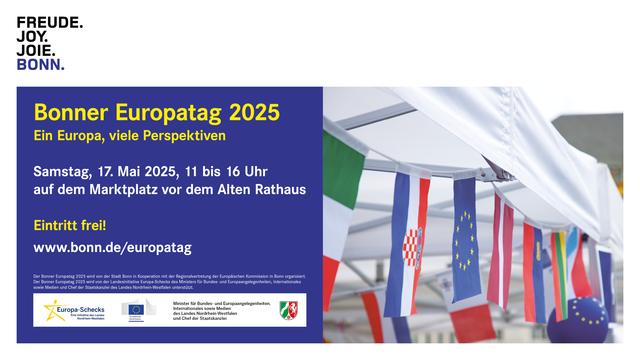 Plakat für den Bonner Europatag 2025 am 17. Mai mit europäischen Flaggen unter einem Zelt und Informationen zum Event.