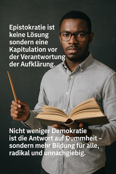 Epistokratie ist keine Lösung sondern eine Kapitulation vor der Verantwortung der Aufklärung.
Nicht weniger Demokratie ist die Antwort auf Dummheit - sondern mehr Bildung für alle, radikal und unnachgiebig.🖖