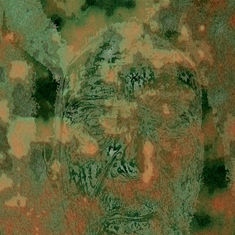 A human face covered in green and red spots