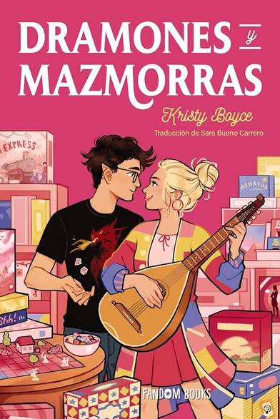 Portada, fondo rosa. Ilustración de un chico de negro con camiseta con un dragón, gafas y orejas de elfo, con dados de rol en la mano, mirando a una chica rubia con un moño, con un laúd, blusa rosa, falda rosa y una chaqueta larga con cuadros de colores chillones, que también le mira. A su alrededor hay juegos de mesa apilados y una mesa con un tablero con miniaturas y un bol de dados.