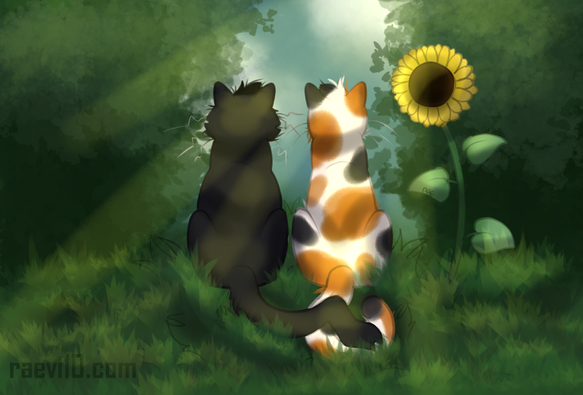two cats, one black and one calico, sitting next to each other in the grass facing away from the viewer, a small sunflower sprouting next to the calico, the two cats are staring through a part in the bushes at the sky
