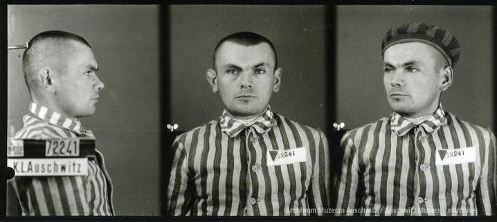 A mugshot registration photograph from Auschwitz. A man with a shaved head wearing a striped uniform photographed in three positions (profile and front with bare head and a photo with a slightly turned head with a hat on). The prisoner number is visible on a marking board on the left.