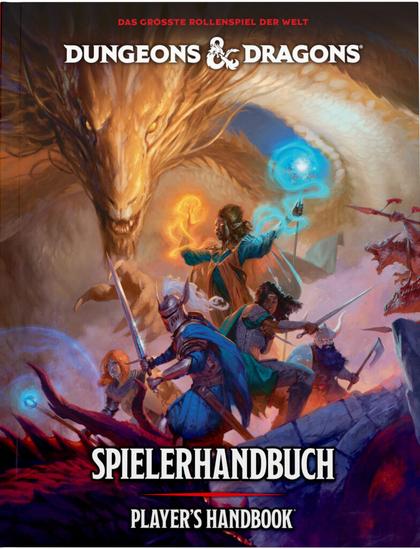 Der Titel des Spielerhandbuches zeigt eine dem Betrachtenden zugewandte Abenteuergruppe in kampfbereiter Haltung. Im Hintergrund ein unterstützender Goldener Drache