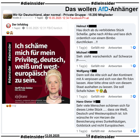In der Gruppe "Wir für Deutschland, aber normal" wird von Steffi Pulz-Debler, MdL Die Linke in Mecklenburg-Vorpommern "Ich schäme mich für mein
Privileg, deutsch, weiß und westeuropäisch zu sein." als Zitat geteilt.

Genau hat sie am 16.06.2023 u.a. "Sehr geehrte Frau Präsidentin, liebe Kolleg*innen Abgeordnete, ich schäme mich in den letzten Tagen und Wochen über mein Privileg weiß, deutsch und westeuropäisch zu sein. Ein Privileg, welches ich nur durch den Zufall, hier geboren zu sein, erworben habe, ohne etwas dafür zu tun!" gesagt.

Wir zeigen hier u.a. die Kommentare 
"Hau doch ab du verblödetes Stück Scheiße..gehe nach Afrika und lass dich ordentlich von einem Bimbo durchficken...!", "Sieh steht warscheinlich auf Schwarze P---.", "Dann soll die Alte sich auf den Kontinent mit A verpissen und sich von den ffn fckn lassen. Aber bitte ohne sich von diesem Staat aushalten zu lassen. Die soll Schafe hüten." und "Sehr viele Menschen schämen sich für dieses Linke Stück ….. dass sie Weiß, Deutsch und Westeuropäisch ist. Ich wünsche ihr von Herzen die Bereicherung eines Dunkelhäutigen, Goldstück und nicht Europäischen."