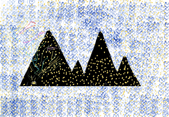 Illustration représentant une montagne noire au milieu d’une nué de silhouettes de poules en bleu.