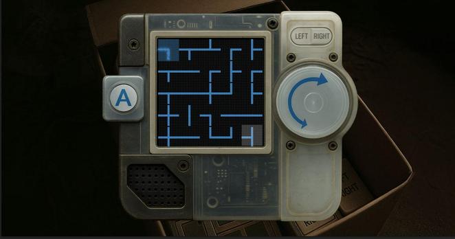 A game console from the future, recycled from components of various origins, with a rotary wheel and an A-button. You can see a 5x5 line matrix with different line shapes - the upper left field is highlighted in light blue, the line is apparently live. the lower right field is highlighted in white.