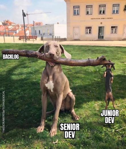 Large dog labeled Senior dev holding a branch in its mouth labeled backlog. From the end of the branch hangs a small dog labeled junior dev.