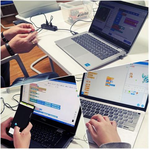 A composite photo of a digital clock using microbit, a mobile space game and a game built with Scratch.