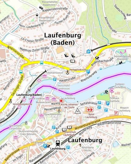 Kartenausschnitt von Lauenburg, in der Mitte horizontal durch den Rhein getrennt.