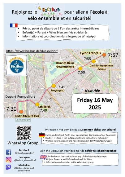 Prochain Bicibus vendredi 16 mai 2025 sur la route 1 depuis le quartier Pempelfort. Départ 7:30 depuis Berty Albrecht Park