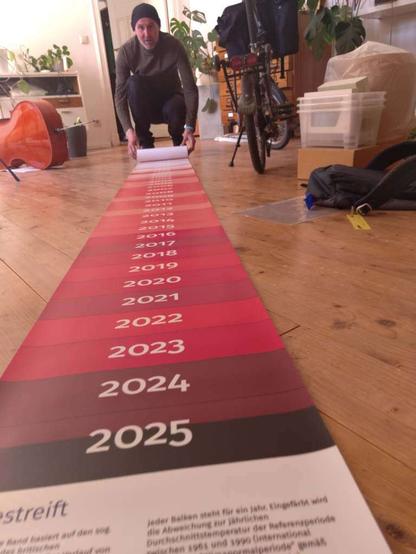 ein Band mit einer rückläufigen Zahlenreihe beginnend mit 2025, 2024… wird am Boden ausgerollt die untersten sichtbaren Streifen haben eine dunkelrote Farbe