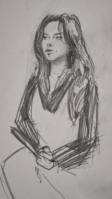 Sketch of a woman with long hair sitting