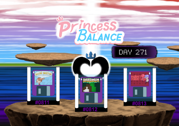 Floating words "PrincessBalance" and "BRJE - Day 271", just above three fictional game consoles labelled #0811, #0812, and #0813, with diskettes in them showing the corresponding game logo.