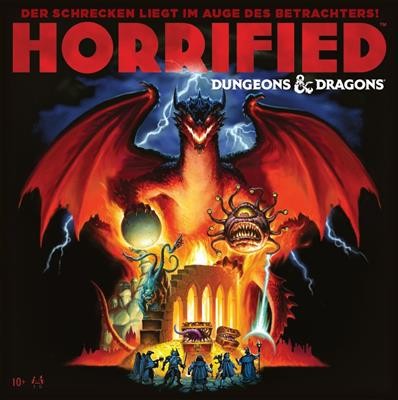 Ein roter Drache dominiert das Bild. Er wird unterstützt von einem Displacer Beast, einem Beholder und mehreren Mimics. Klein am unteren Bildrand stellen sich ihne  fünf Abenteurer entgegen