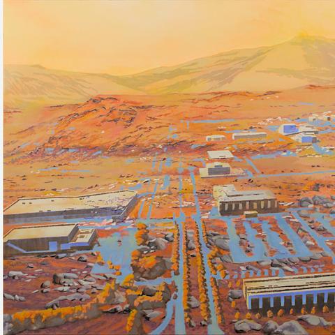 Painting by Aurel Porté of a town in a martian landscape.