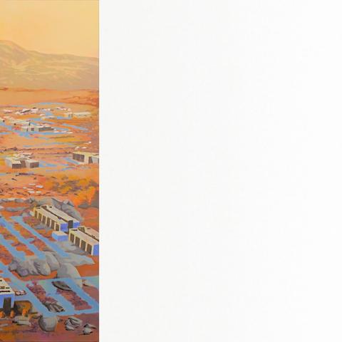 Painting by Aurel Porté of a town in a martian landscape.