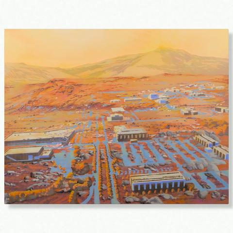 Painting by Aurel Porté of a town in a martian landscape.