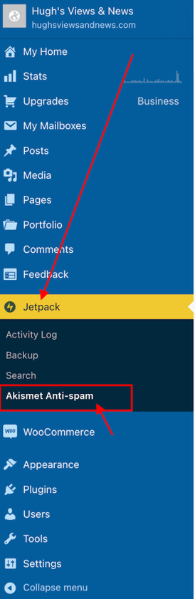 Image highlighting Jetpack - Akismet Anti-spam on the dashboard of a WordPress blog