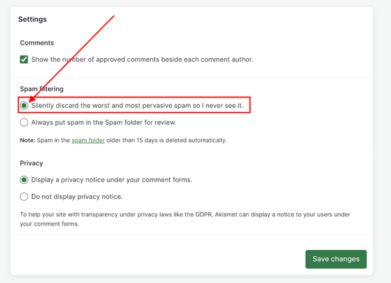 Image highlighting the 'Silently discard the worst and most pervasive spam so I never see it' setting on WordPress.