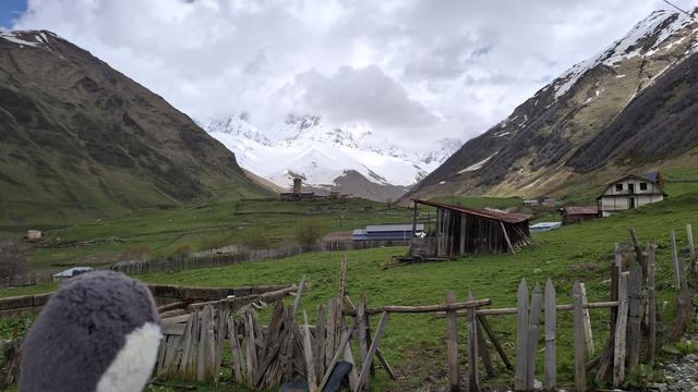 Bergwiesen,  Häuschen und ein schneebedeckter Berg im Hintergrund