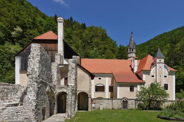 Middle-size complex of buildings that are quite old from architectural style, however they look renovated. Part of the complex is in ruins. Also, one of the two towers looks rather old, it is made of stone, while the other looks significantly newer and has a clock.