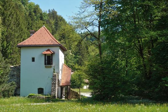 A renovated tower with clay roof tiles, the walls painted white. It looks like a defence corner tower. The tower is approximately 10 m tall from the bottom to the lower part of the roof.