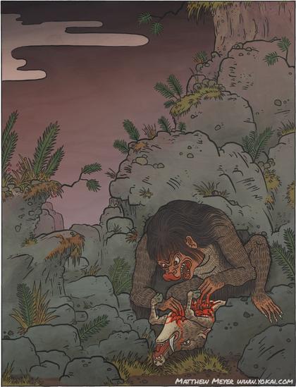 Illustration by Matthew Meyer of a monkey-like creature crouching beside rocks tearing apart a boar.