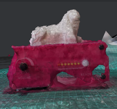 Textured 3d render of a photogrammetry experiment. The idea was to make a 3d model of a pink Museum in a box with a white Lion of Knidos model on top. The reality is a melted, hole filled pink box with the Old English sheepdog of Knidos. Needs work in other words...