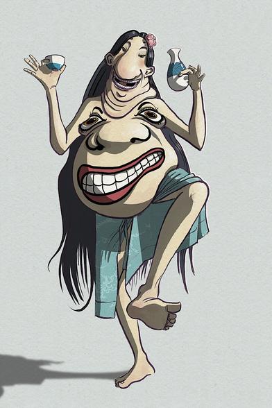 A strange human-like creature dances holding drinks. A face appears on a huge belly.