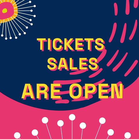 Image reads "ticket sales are open" over a navy and pink background