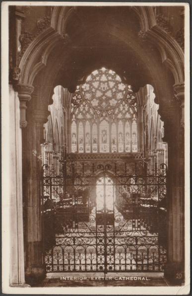 Sepia real photographic postcard showing a view of the interior of Exeter Cathedral in Devon.

Excel Series, not numbered, c.1940.

Postally unused.

Good condition, with slight corner bumps, but small crease to bottom right corner.