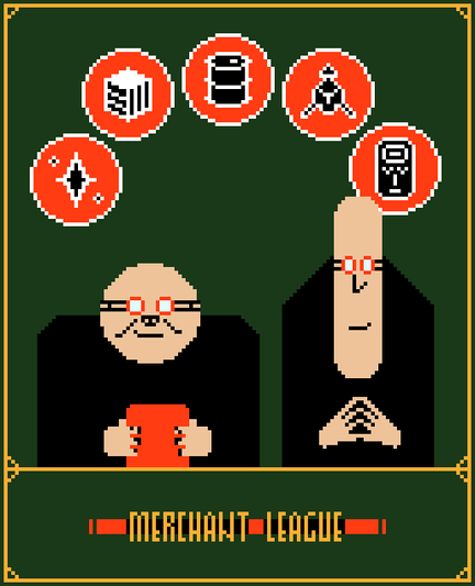 Two figures, one holding a piece of paper (a contract?). Over their heads are the 5 resources symbols from Arcs and below them the title "Merchant League".