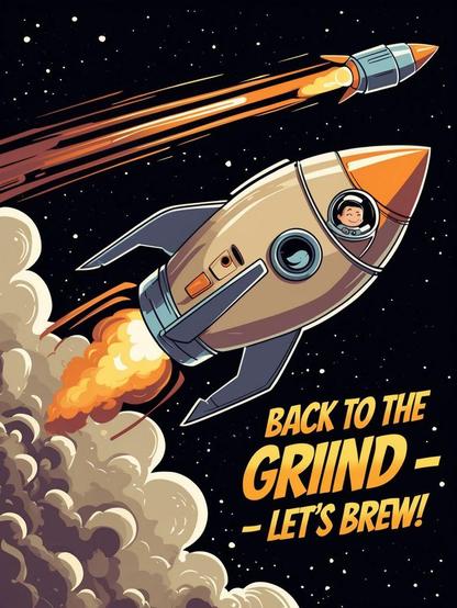 Rocket blasting off into space with an astronaut washing with the caption "Back to the grind. Let's brew!"