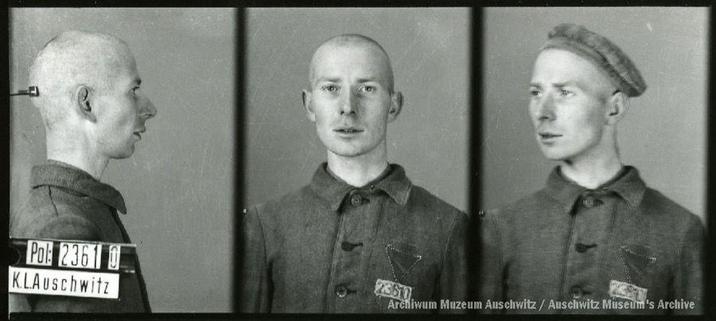 A mugshot registration photograph from Auschwitz. A man with a shaved head wearing a striped uniform photographed in three positions (profile and front with bare head and a photo with a slightly turned head with a hat on). The prisoner number is visible on a marking board on the left.