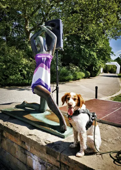 Parklandschaft, links ein breiter asphaltierter Fußweg, dahinter Laubbäume; Büsche und Sträucher. Em Ende des Weges ein großer weißer Torbogen mit der Aufschrift 'Start'. Im Vordergrund eine niedrige Natursteinmauer, darauf eine lebensgroße weibliche Bronzeskulptur, der man ein Veranstaltungsshirt Grugalauf 2025 übergezogen hat. Rechts neben der Skulptur ein kleiner, braun weiß gescheckter Jagdhund