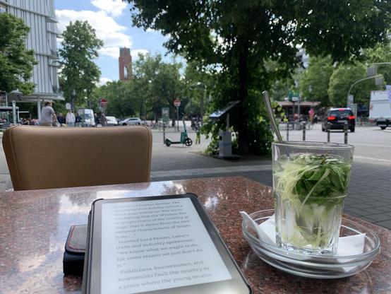 Picture of an ereader and a tea, taken from a terrace in Berlin. The book that I’m reading is ‘Thinking in Systems’ by Donella Meadows
