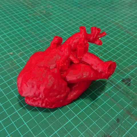 A 3D print of a human heart, printed in red plastic, sits on a green cutting mat