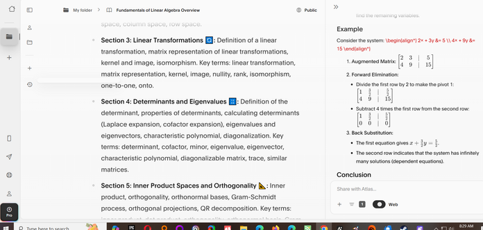 Screenshot of Atlas AI tool showing a content outline on the left side of the screen and an interactive chat window on the right side of the screen.  The right side shows an example of part of an explanation of Gaussian elimination in a matrix.