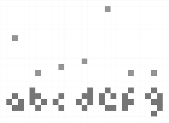 A zoomed in version of the super small chart, showing that there really are only 7 pixels total for the data. The a is made with 5 pixels, b with 6, c with 3, d with 6, e with 6, f with 5, and g with 7.
