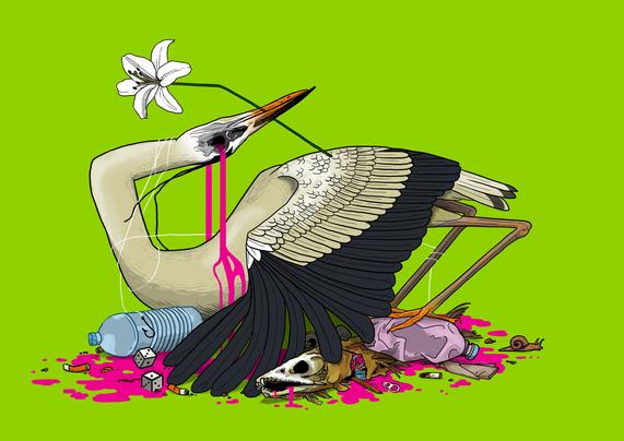 "Toxic Heron" by Abi Stevens is an illustration of a dead heron contorted in an "s" shape with a flower in its beak, blood pouring from its empty eyesockets, and a pile of trash beneath its spread wings including plastic bottles, a pair of dice, a fish carcass and a snail