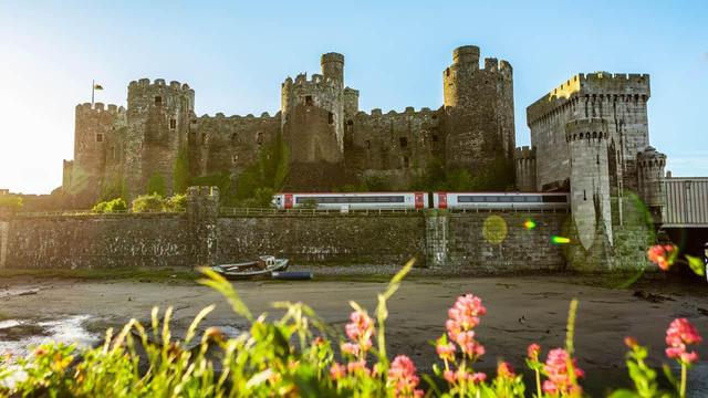 A beautiful photo of a train coming past an old castle somewhere in Conwy on a sunny day, with a low tide below and grass in the foreground. (Photo credit: Transport for Wales)