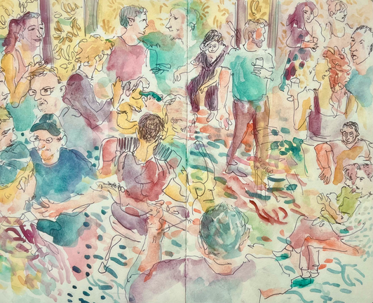 Dessin de Macha Selbach représentant un public coloré en train d’apprécier l’ambiance d’un concert, en buvant, dansant, écoutant…