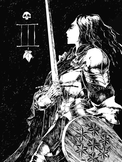Una página del cómic. Ángela posa solemnemente con su armadura, su espada y su escudo contra un fondo negro.