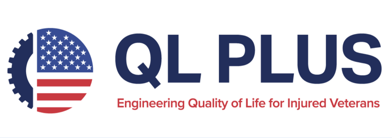 QL Plus company logo with the name of the company in bold capitalized blue text. Under the company name is the phrase, “Engineering Quality of Life for Injured Veterans” in red text. To the left of the company name is a circle, inside of which is a blue gear on the left and on the remainder on the right is a portion of the U.S. flag showing the stars and stripes.