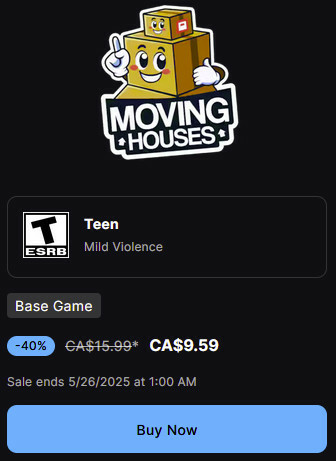 Moving Houses store page showing sale price and "Buy Now" button.