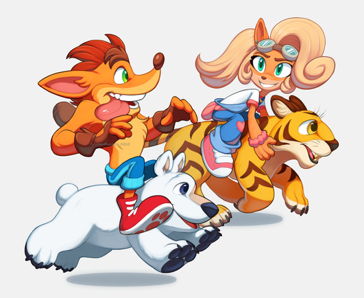 An illustration of Crash Bandicoot and Coco Bandicoot, riding on their respective animal buddies Polar the polar bear and Pura the tiger cub. and racing each other. Crash has a big smile with his tongue out and is looking at Coco, who is a little ahead of him and is looking back at Crash with a mischievous, competitive smile.
